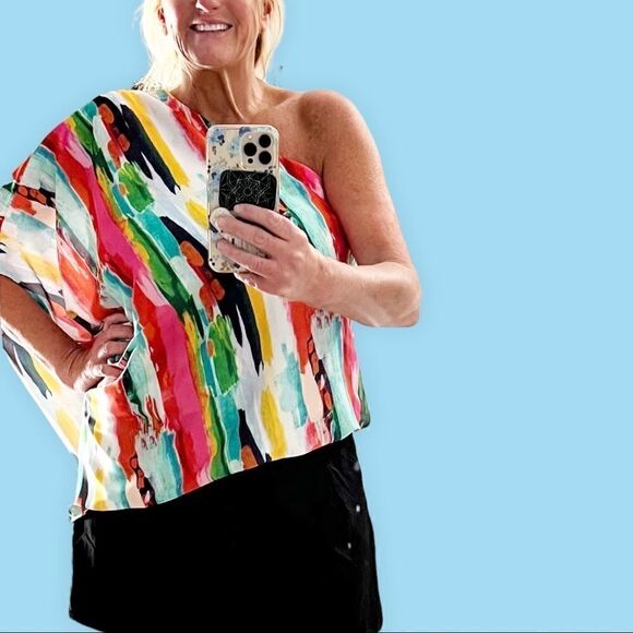 Judith March Multicolor one sleeve blouse with blouson waist. Size Lg - Picture 10 of 12